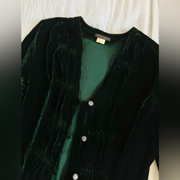 Vintage Emerald Velvet Long Sleeve Cardigan Shirt Top Button Up Metal Buttons - Picture 3 of 5